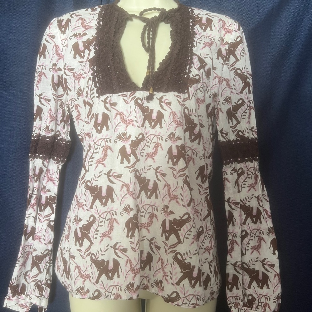 Tory Burch Brown and White Elephant Print Blouse